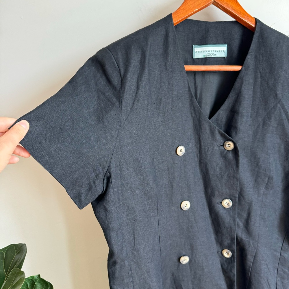 Simons Vintage Contemoraine Black Midi 100% Linen Dress Size 12 Double Buttons - Picture 6 of 11